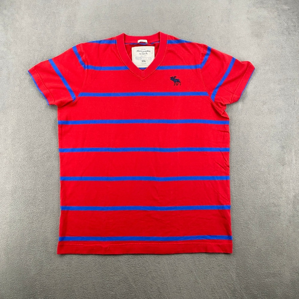 Abercrombie & Fitch Mens XXL Red Blue Striped V-Neck Muscle T-Shirt Vtg Y2K